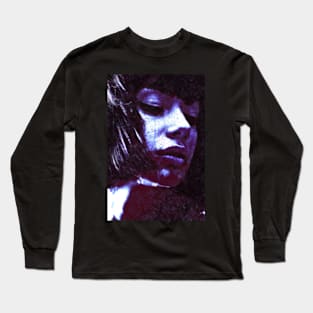 Beautiful girl, liquid on chin. Vampire. Dark, beautiful. Neon blue light. Long Sleeve T-Shirt